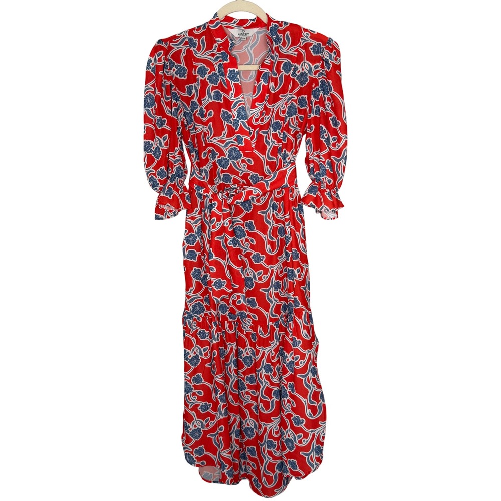 LaRoque Original Red Blue‎ Floral Print Midi Dress Size XS